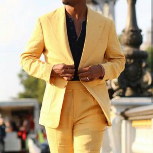 Linen Ślub Tuxedos Yellow Best Men Garnitury Blazer Slim Fit 2 Sztuk Dress Dress Prom Party Garnitury (kurtka + spodnie) Wykonane