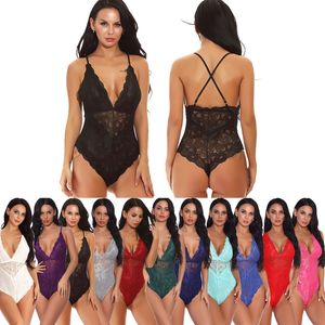 Donna S-XXL Multicolor Backless Floral Lace Coppe imbottite Mesh Teddy con cinghie regolabili incrociate Intimo Sleepwear Lingerie Orsacchiotti