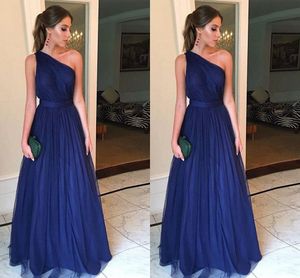Blue Elegant Pleats One Shoulder Prom Dresses Long Empire Formal Evening Gowns With Ribbon Ruched Floor Length Girls Pageant Dress Cheap