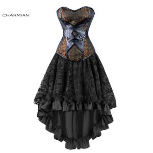 Charmian Women's Sexy Gothic Victorian Steampunk Corset Dress Leather Overbust Corsets And Bustiers Skirt Party Waist Trainer J190701