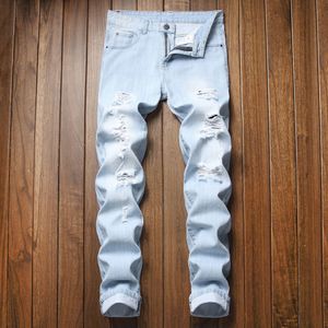 Streetwear homens jeans vintage azul cinzento cor skinny destruído jeans rasgado punk calças homme hip hop homens