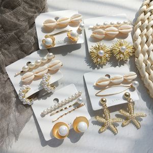 Pearl Shell Hair Pins Hairpin Suit Word Clip Marine Series Beach Wind Diamond Clips med Earing Set Gratis Ship 50