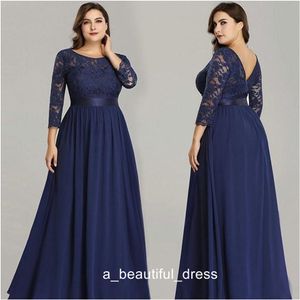 Deep blue Plus Size Prom Dresses Jewe Hollow Back Cap 3/4 manica lunga chiffon pizzo lunghezza abiti da sera lunghezza abito formale ED1236