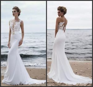 2019 Nya Bohemian Lace Mermaid Bröllopsklänningar Appliqued Sheer Bateau Neck Beach Trumpet Bridal Gowns Plus Size Chiffon Vestido de Novia