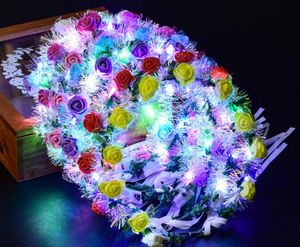 Led フラワーリース光るガーランドゴールドシルクカラフルな花嫁ヘッドバンド LED ライトリボン籐妖精の頭飾りフェスティバルウェディングパーティーギフト