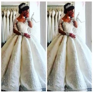 Elegant White Jewel Sheer Ball Gown Wedding Dresses Long Sleeves Lace Appliques Bridal Gowns Luxurious Beaded Vestidos De Marriage Formal