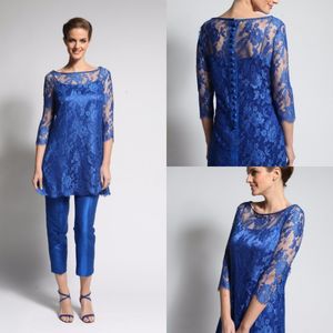 Blue Royal of the Bride Pant Suits Lace Long Sleeve Mother Gowns with Wrap Three Pieces Plus Size Wedding Guest Dress Mor