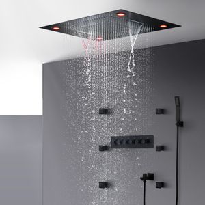 Łazienka Czarny Kran prysznicowy Zestaw termostatyczny Prysznicowy Wanny Zawór Mikser Luksusowy Sufit LED Duży Rain Waterfall System 600 * 800mm