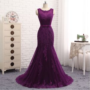 setwell purple tulle mermaid evening dresses custom sweep train gowns jewel sequins prom dress with belt robe de soiree