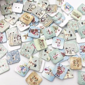 500 sztuk Mieszane Boże Narodzenie Malowane Kwadratowe Drewniane Przyciski Do Szycia Scrapbooking Crafts 15mm 2 Otwory WB04