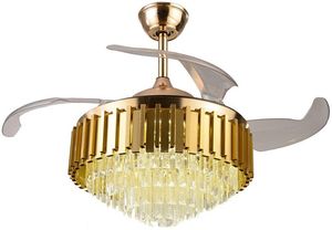 Contemporary Chic Crystal Chandelier Fan Indoor Luxury Hiding Quiet 42 Inch Polished Gold Retractable Ceiling Fan Light With Remote Control