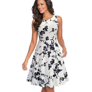 Summer Women Vintage Black Floral Print Sleeveless Swing A-line Dress Elegant Lady O-neck Knee-length Dress Ea099 Y19051001