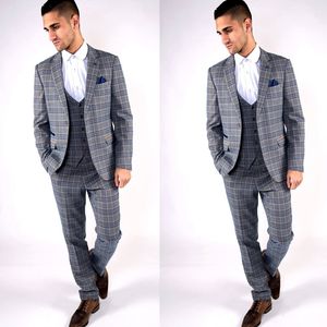 2019 Nyaste Design Plaid Bröllop Tuxedos Slim Fit Två Knapp Män Pant Suits Groom Wear Prom Check Blazer (Jacka + Vest + Byxor)