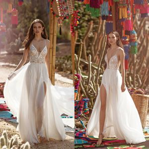 Asaf Dadush 2020 Chiffong Split Bröllopsklänningar Lace Appliqued Beach Spaghetti V Neck En linje Brudklänningar Vestido de Novia