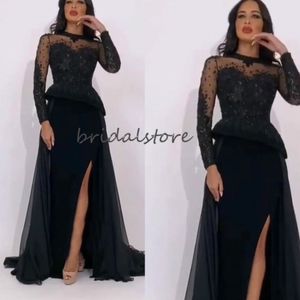 Elegant Black Mothers Dresses With Slit Overskirts Long Sleeve Mother Of The Bride Evening Party Dress 2020 Sheer Neck Long Groom Mom Gowns