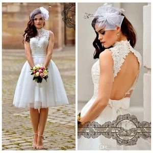 New Arrival Tanie Koronki A-Line Krótkie Suknie Ślubne Wysokiej szyi Tulle Otwórz Powrót Suknie Ślubne Suknia Ślubna Formalne Damskie Robe de Mariee