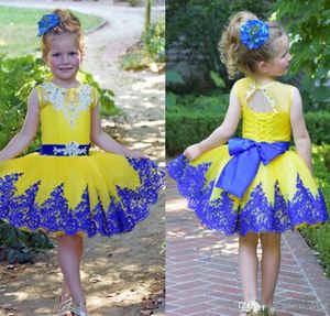 Bonito vestido de baile curto meninas joelho comprimento tutu vestido miúdos festa concurso vestidos amarelos vestidos de graduação crianças com cristais de renda de cinto