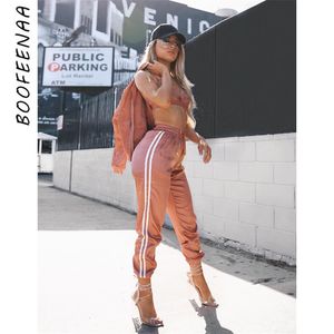 Boofeenaa vår 2020 Casaul Tracksuit Women 2 Piece Set Top and Pants Satin Striped Patchwork Zipper Sexig Sweatshirt Sweat Suit CX200707