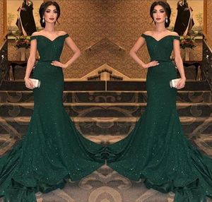 2019 Newest Arabic Dark Green Sequined Mermaid Evening Dresses v neck Off The Shoulder Ruched Floor Length Evening Prom Gowns Party Dress