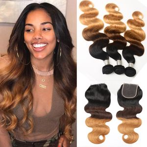 Indian Virgin Hair Body Wave 1B/4/27 Ombre wiązki ludzkich włosów z 4X4 koronkowe zamknięcie 4 sztuki jeden zestaw 1B 4 27