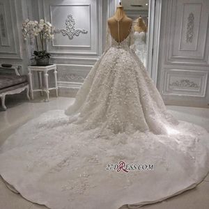 Luxury Lace Ball Gown Wedding Dresses Long Sleeve Bridal Gowns Sweep Train Appliqued Beads Custom Made Plus Size Wedding Dress