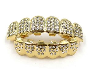 Grille Hip Hop Iced Out CZ Diamenty Zęby Top Srebrny Hiphop Biżuteria Złoty Ząb Grillz Rhinestone Topbottom Grill Set Błyszczący Ząb