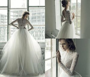 Ersa Atelier Boho Bröllopsklänningar En linje Deep V Neck Lace Applique Beaded Beach Wedding Dress Sweep Train Långärmade Brudklänningar
