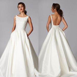 Newest A Line Grace Philips Dresses Jewel Neck Sleeveless Satin Pearls Ruched Backless Wedding Gown Sweep Train robe de mariée