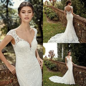 Eddy K Abiti da sposa a sirena Scollo a V Appliques in pizzo Sweep Train Sexy Back Sweep Train Abiti da sposa country Abito da sposa su misura da spiaggia