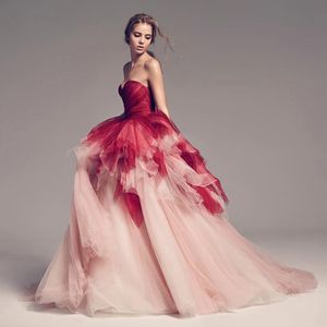 New Designer Ombre Long Prom Dresses Tiered Tulle Burgundy and Pink Mixed Chic Evening Dress Formal Party Gowns Custom Made
