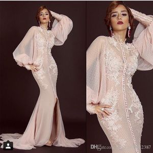 Mermaid Appliques Front Slit Peach Prom Arabic Evening Gowns 2019 Saudiarabien Långärmad Muslim Kvällsklänning Party Klänningar 063