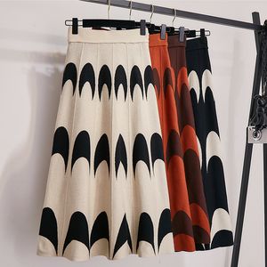 Winter Autumn 2019 Skirts Womens Knitting Wool Pleated Long Skirt Moon Print High Waist Elastic Large Hem Midi Skirts V191019