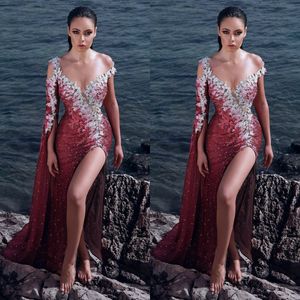 Arabic Sexy Evening Dresses 2019 One Shoulder Thigh High Slits Beaded Prom Gowns Lace Appliques Special Occasion Dress