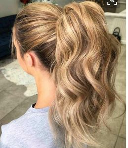 Honey Blonde Body Wave human hair ponytail extension African clip in drawstring blond Pony tail hairpiece100g-140g virgin Prom Hair ponytail