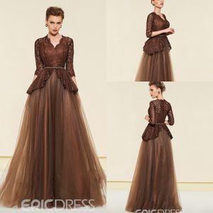 Ericdress A Line Mother of The Bride Dresses V Neck 3/4 Long Sleeve Wedding Guest Dress Lace Applique Sweep Train Evening Gown
