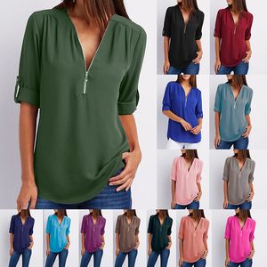 T-Shirt streetwear Chiffon con scollo a V Cerniera Taglie forti S-5XL Tshirt T-shirt estiva Abbigliamento donna Camicette Top Tee