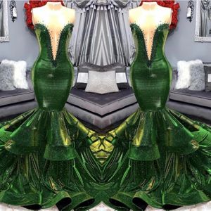 Dark Green Mermaid Prom Dresses Sheer Neck Sleeveless Tiered Skirt Evening Gowns Zipper Back Sweep Train Cocktail Formal Party Dress 2019