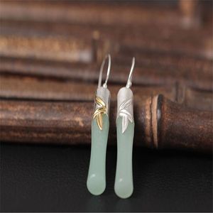 100 Sterling Silver Bamboo Jade Dangle Earrings For Women Fashion Ethinic Handmade Gemstone Drop Earring