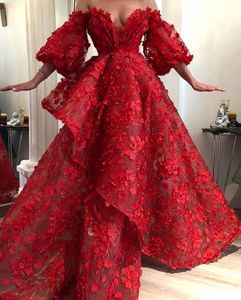 Zuhair Murad Kırmızı Abiye Kapalı Omuz Dantel 3D Çiçek Aplike İnciler Lüks Balo Elbise A Hattı Uzun Kollu Parti törenlerinde Özel