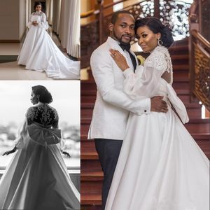 African Black Girl Plus Size A Line Wedding Dresses Satin High Collar lantern Long Sleeve Big Bow lace Sash Beaded Bridal Wedding Gowns