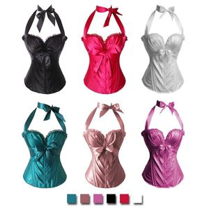 Women Victorian Side Zipper Satin Halter Overbust Corset Lace-up Padded Bustier with Bow Accent Fashion Bridal Lingerie Multicolor S-XXL