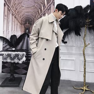 Autumn winter men fashion vintage double breasted long trench coat Korean style overcoat men casual loose long jacket overcoat