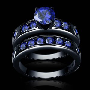 Alta qualidade Nunca desaparecer azul brilhante cúbico casal Zircon Engagement Rings Define ouro negro aliança de casamento cheio para as Mulheres