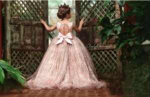 2020 novo ouro rosa lantejoulas vestidos da menina de flor para casamentos rendas lantejoulas arco aberto volta sem mangas meninas pageant vestido crianças commun302l