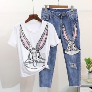 Primavera Verão Moda Feminina Conjunto Diamante Lantejoulas Desenho Animado Camiseta Manga Curta Tops + Calça Jeans Furada 2 Pçs Jeans Feminino Ternos