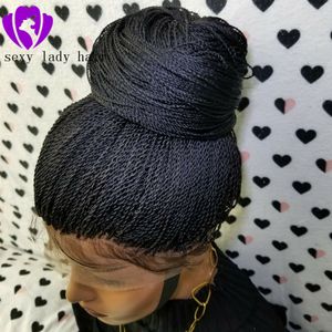 Naturlig 2x Twist Braids Peruk Svart/brun/blond/Ombre färg Tvåfärgad Lång Syntetisk flätad spets främre peruk med babyhår Värmebeständig