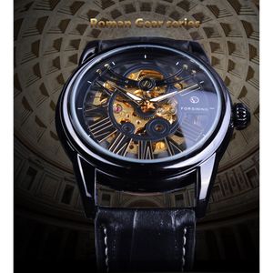 Forsining Schwarz Lünette Römische Retro Männer Automatische Uhr Top Marke Luxus Automatische Mode Skeleton Getriebe Gold Bewegung Armbanduhr241R