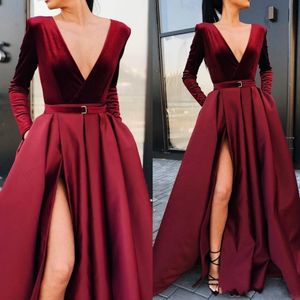 Modest Burgundy Long Sleeve Evening Dresses Deep V Neck A-line Prom Gowns Plus Size Satin Formal Party Bridesmaid Dress BC0785