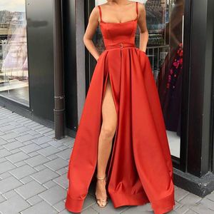 Custom Made Square Collar A Line Evening Dresses Spaghetti Straps Satin High Slit Formal Gowns with Pockets Red Celebrity Party Gowns