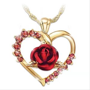 Kärlek hjärta rosa blomma hängsmycke halsband kvinnor studded zircon silver guldpläterade mode smycken valentins dag gåva till flickvän